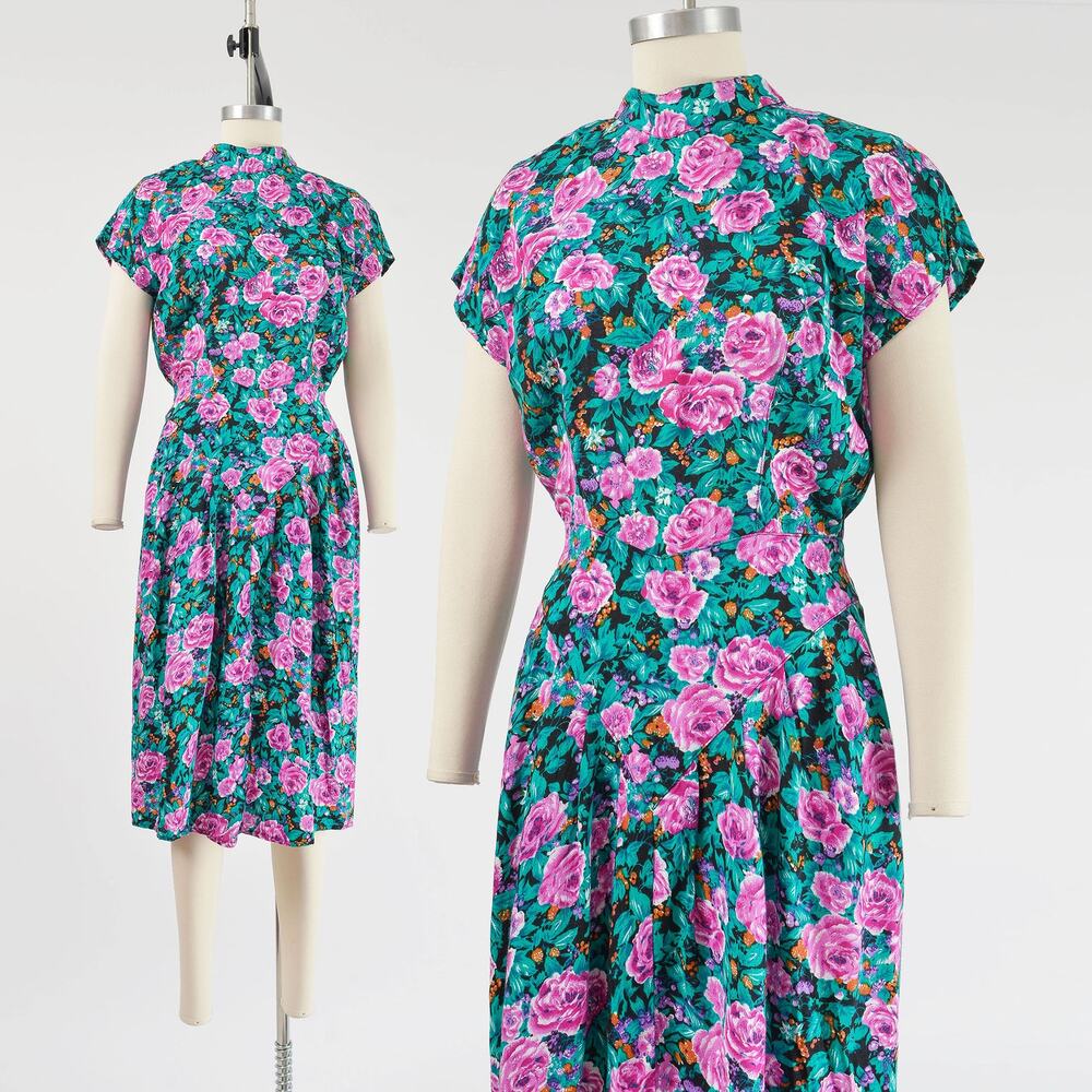 Vintage 80s Botanical Floral Print Cap Sleeve Button Down Back Midi Dress M